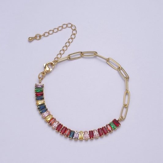 Dainty Half Baguette Tennis Half Paperclip Bracelet Gold Filled Tennis Bracelet