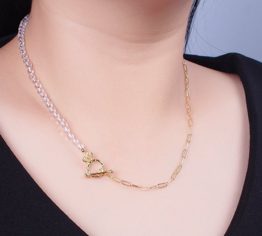 Dainty Half Bead Half Link Chain Necklace 24k Gold Filled Paperclip Chain Clear Quartz Necklace Toggle Clasp