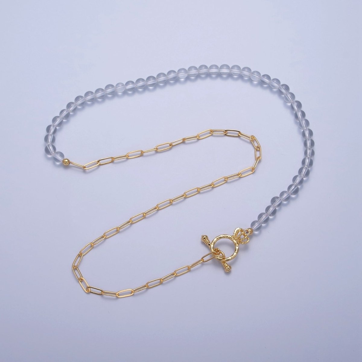 Dainty Half Bead Half Link Chain Necklace 24k Gold Filled Paperclip Chain Clear Quartz Necklace Toggle Clasp