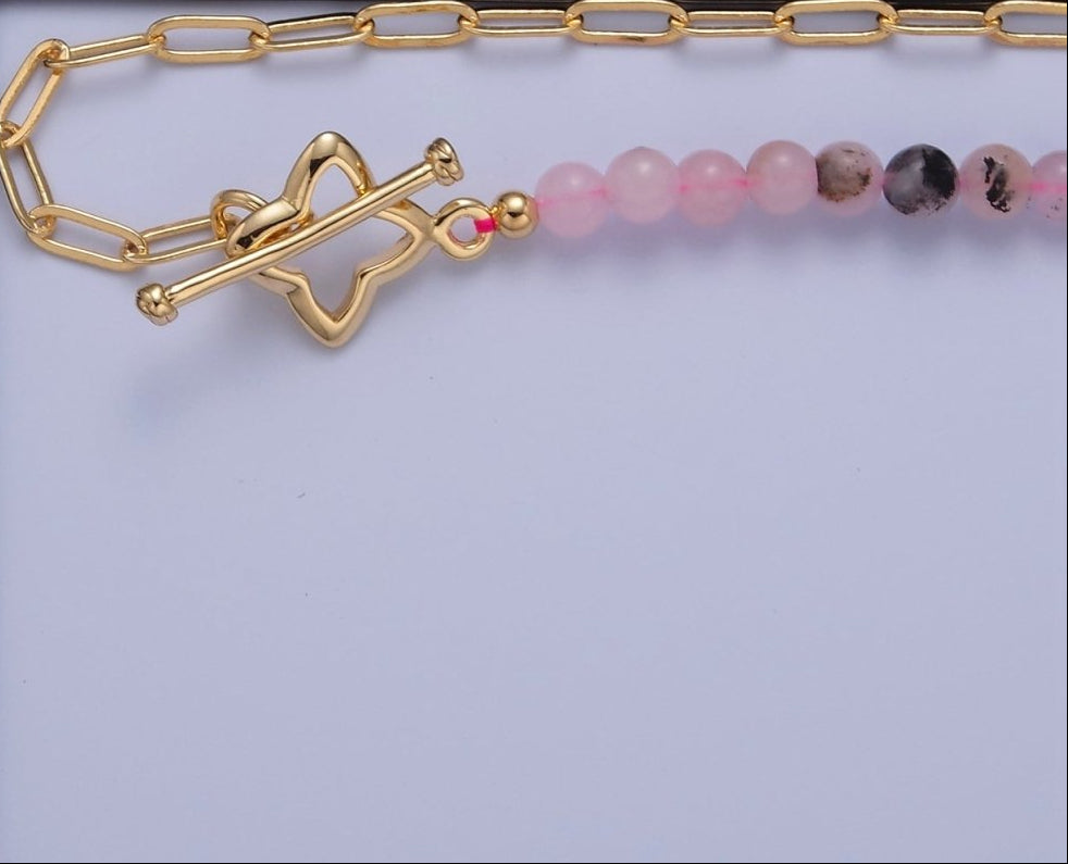 Dainty Half Bead Half Link Chain Necklace 24k Gold Filled Paperclip Chain Pink Jade Necklace Toggle Clasp