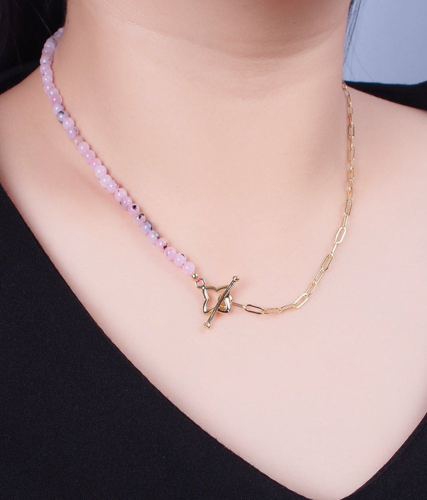 Dainty Half Bead Half Link Chain Necklace 24k Gold Filled Paperclip Chain Pink Jade Necklace Toggle Clasp