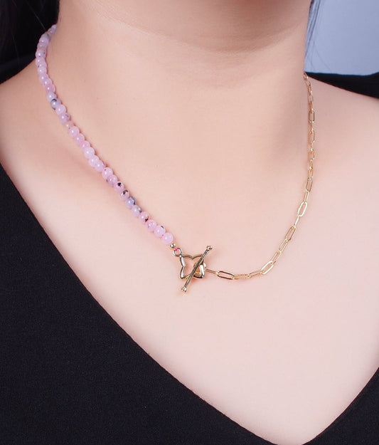 Dainty Half Bead Half Link Chain Necklace 24k Gold Filled Paperclip Chain Pink Jade Necklace Toggle Clasp