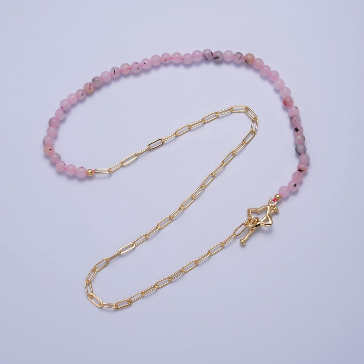 Dainty Half Bead Half Link Chain Necklace 24k Gold Filled Paperclip Chain Pink Jade Necklace Toggle Clasp