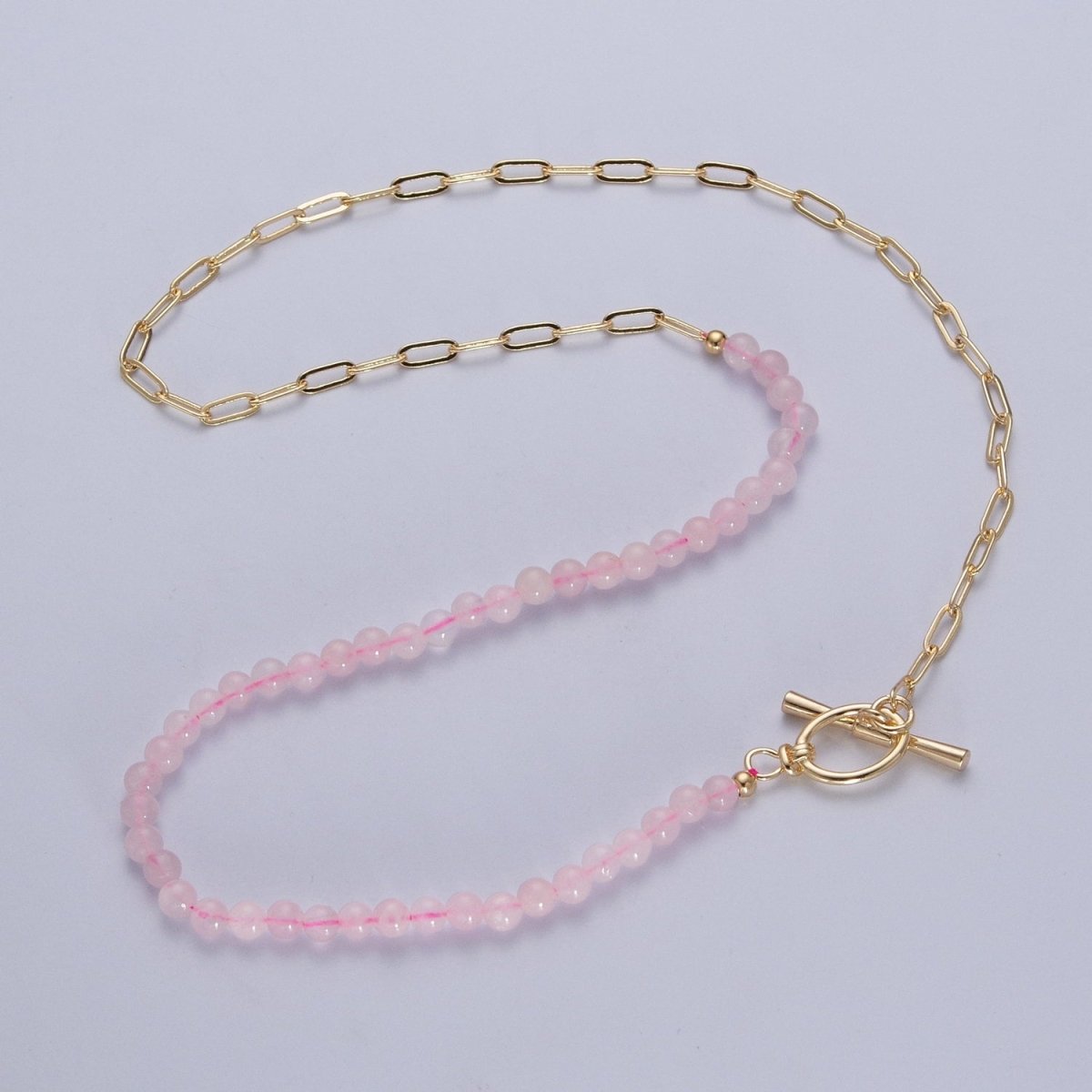 Dainty Half Bead Half Link Chain Necklace 24k Gold Filled Paperclip Chain Pink Quartz Bead Necklace Oval Toggle Clasp