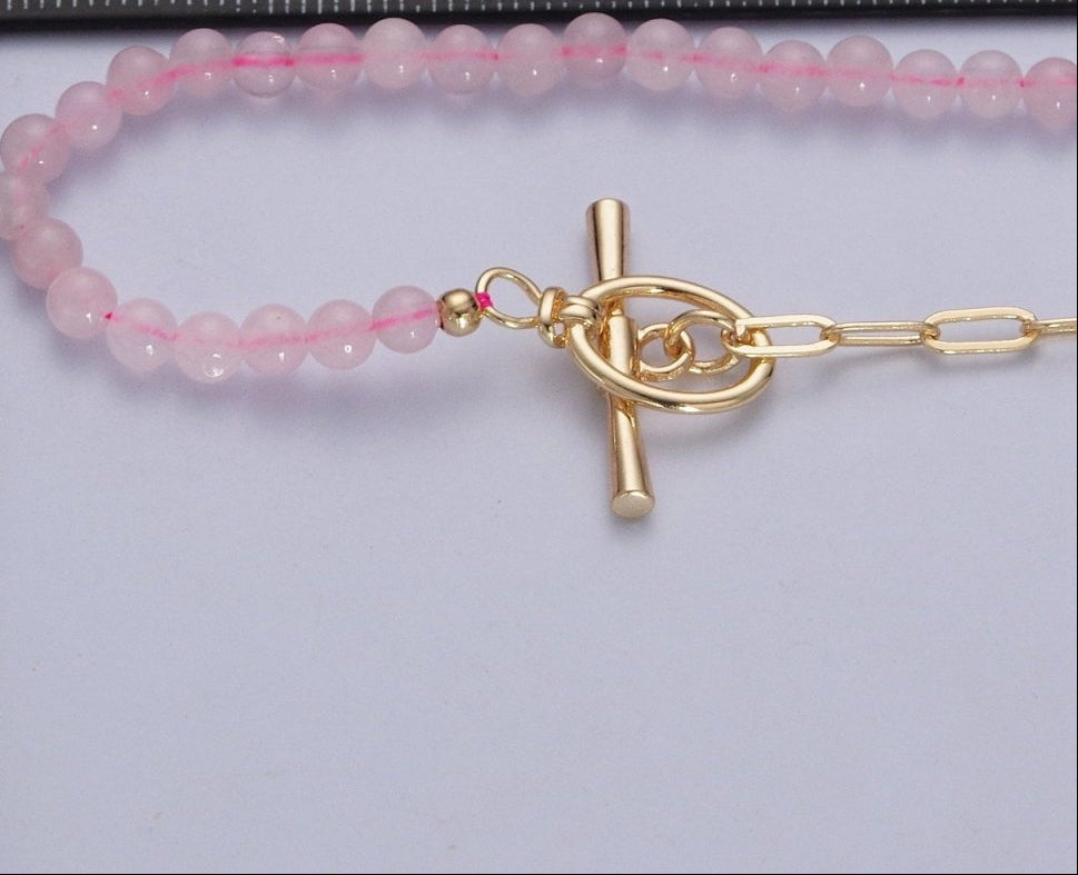 Dainty Half Bead Half Link Chain Necklace 24k Gold Filled Paperclip Chain Pink Quartz Bead Necklace Oval Toggle Clasp
