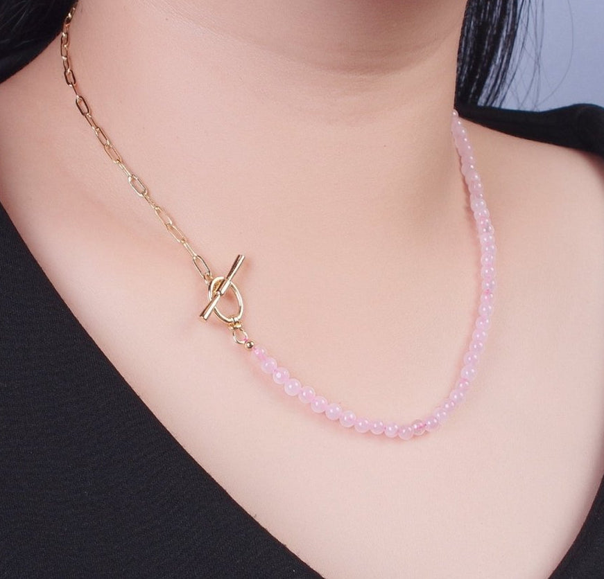 Dainty Half Bead Half Link Chain Necklace 24k Gold Filled Paperclip Chain Pink Quartz Bead Necklace Oval Toggle Clasp