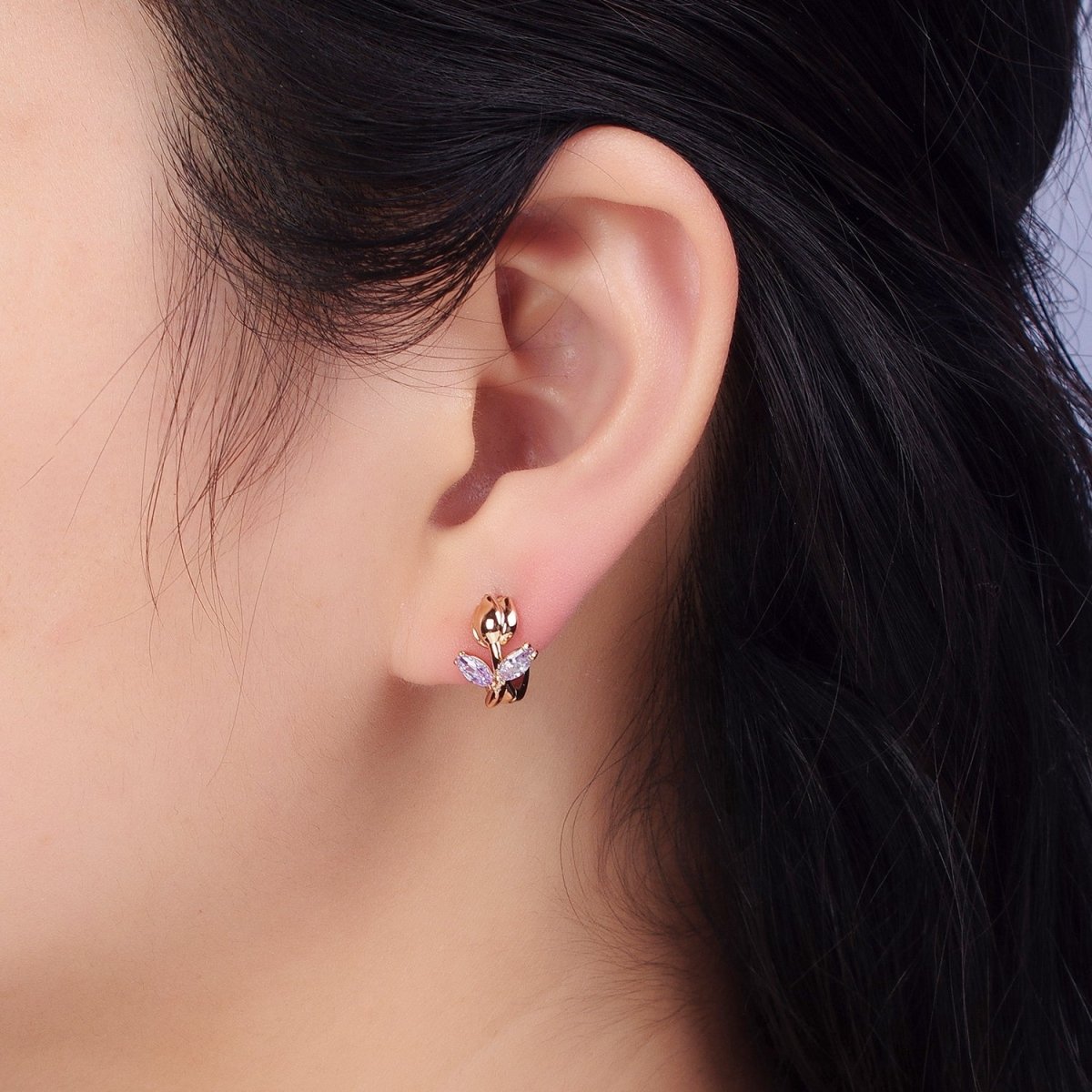 Dainty Huggie Rose CZ Stone Micro Pave Flower Leaf Earrings in 18k Gold Filled