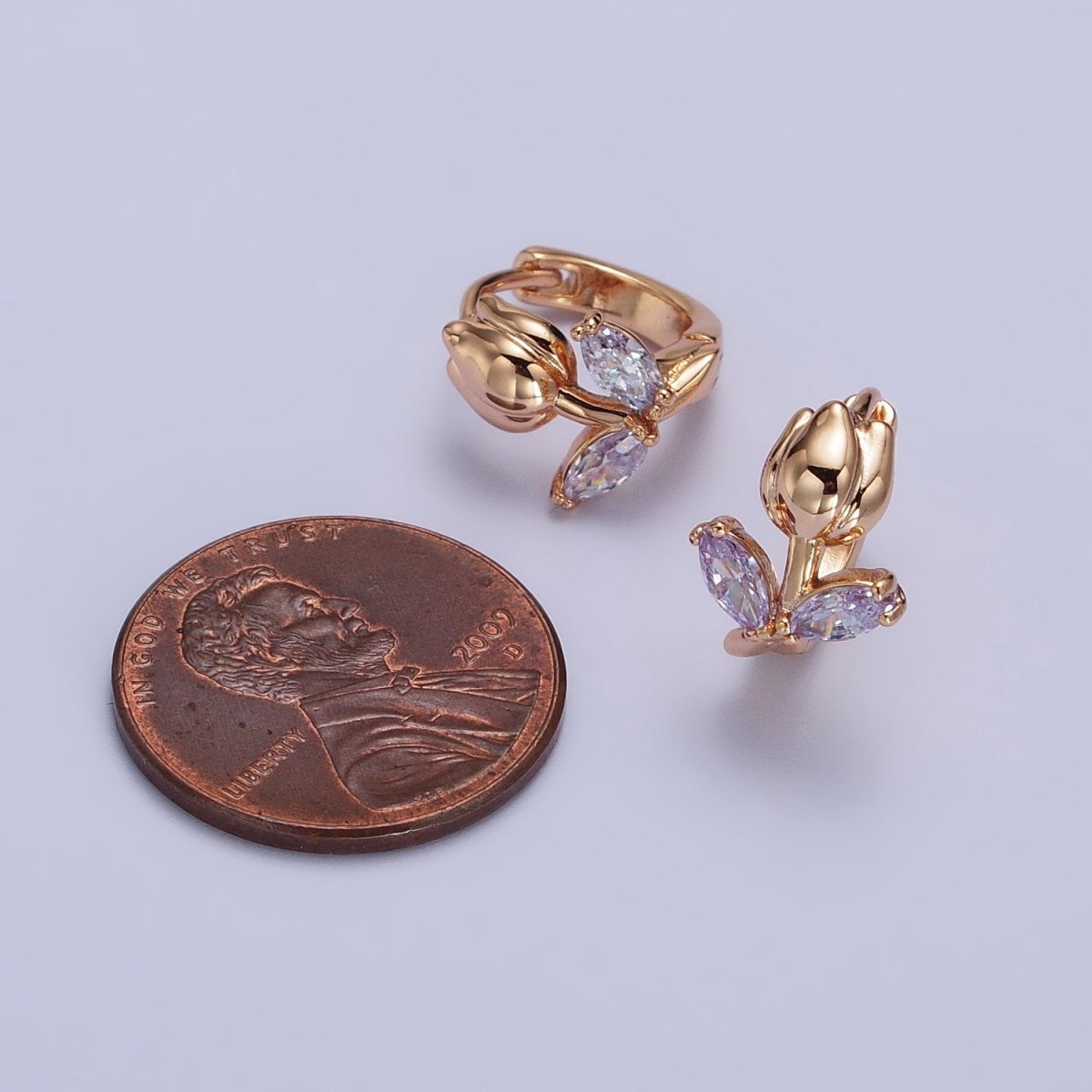 Dainty Huggie Rose CZ Stone Micro Pave Flower Leaf Earrings in 18k Gold Filled