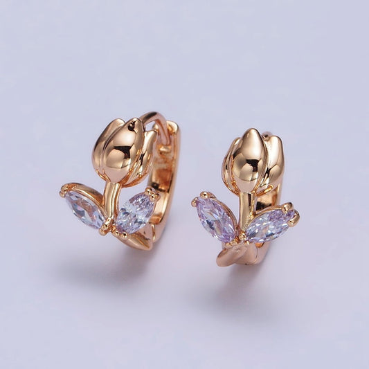 Dainty Huggie Rose CZ Stone Micro Pave Flower Leaf Earrings in 18k Gold Filled