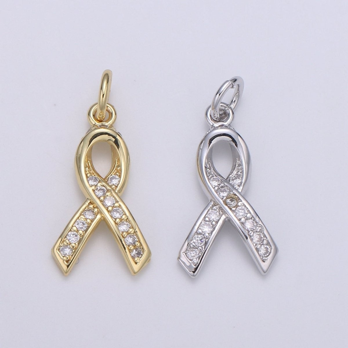 Dainty Pink Ribbon 18mm x 6mm CZ Pave Charm Breast Cancer Awareness Pendant