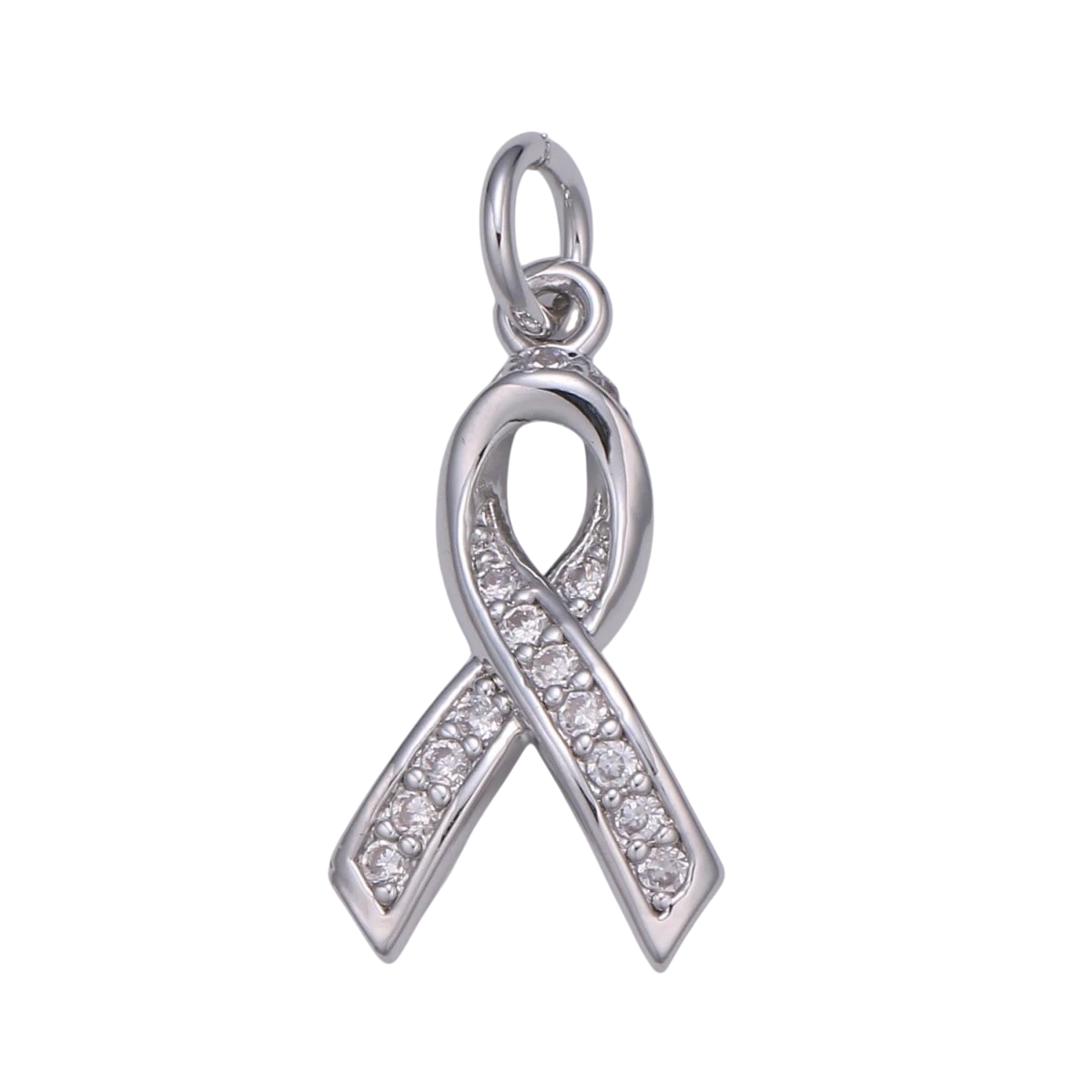 Dainty Pink Ribbon 18mm x 6mm CZ Pave Charm Breast Cancer Awareness Pendant