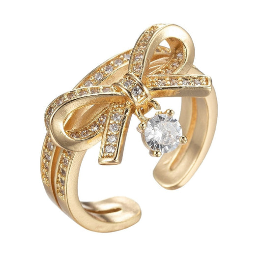 Sweet Dainty Ribbon Ring Gold Band Bow Ring Micro Pave Open Ring