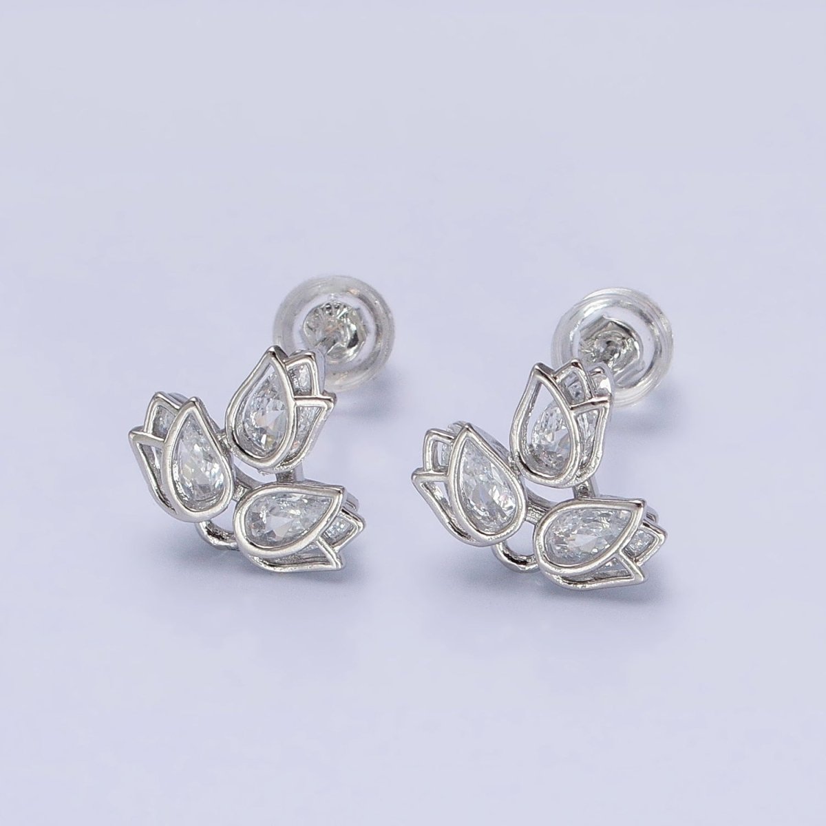 Dainty Silver CZ Lotus Stud Earrings Teardrop Stones