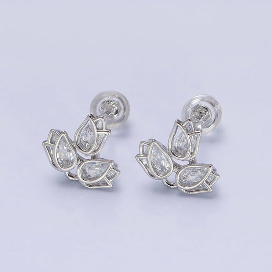 Dainty Silver CZ Lotus Stud Earrings Teardrop Stones