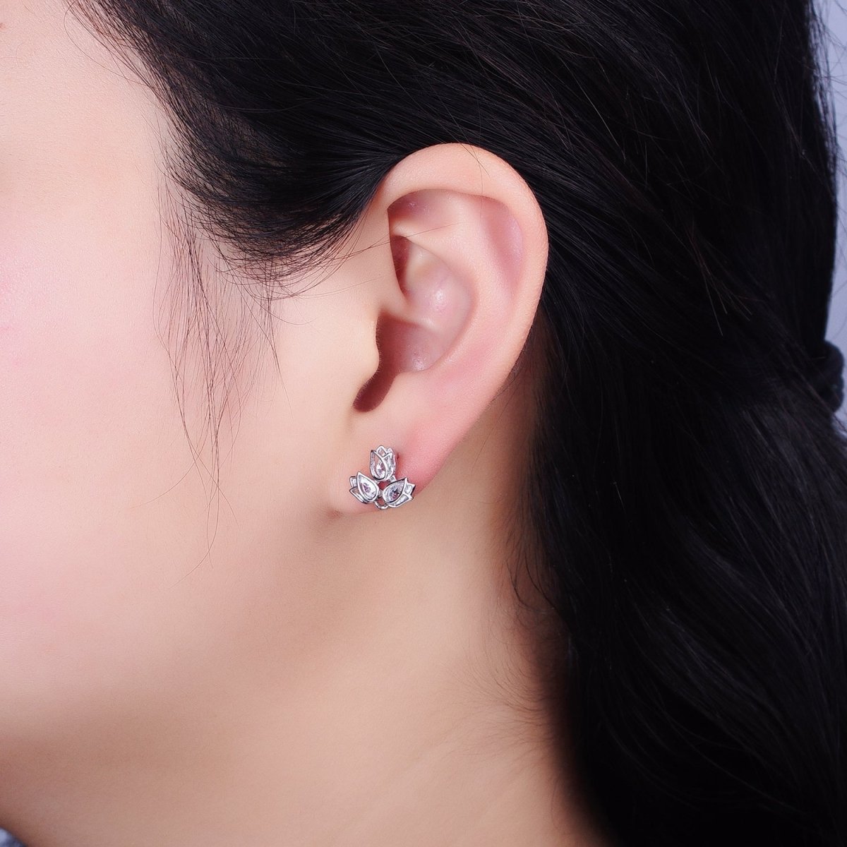 Dainty Silver CZ Lotus Stud Earrings Teardrop Stones