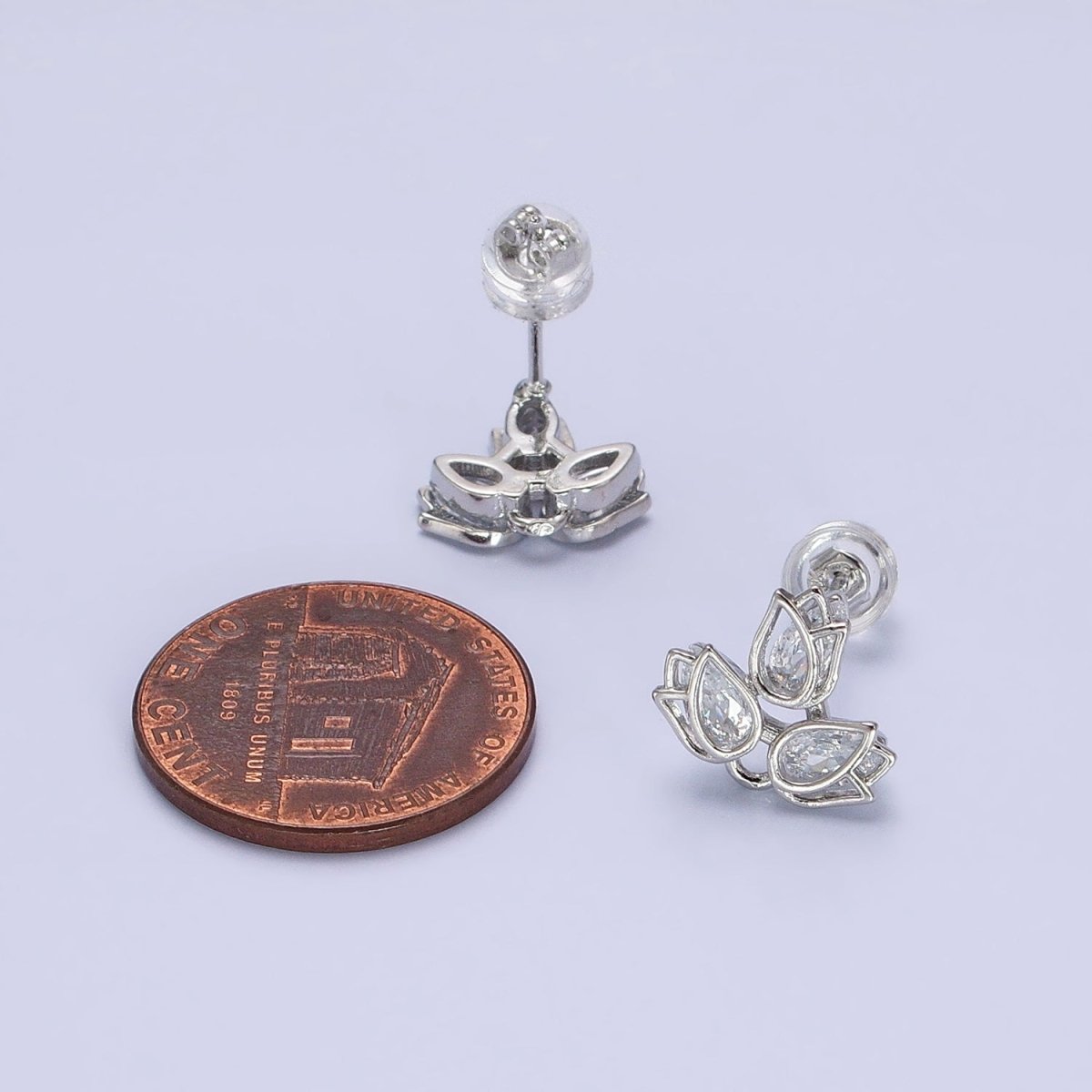 Dainty Silver CZ Lotus Stud Earrings Teardrop Stones