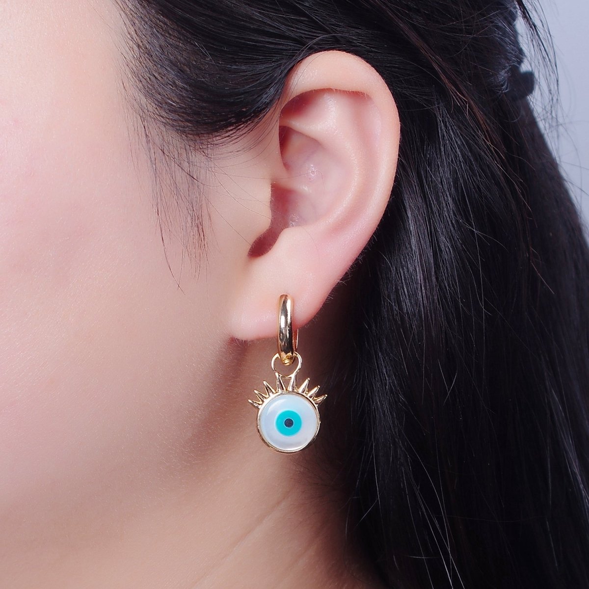 Dangle Evil Eye Charm 16K Gold Filled Huggie Earrings