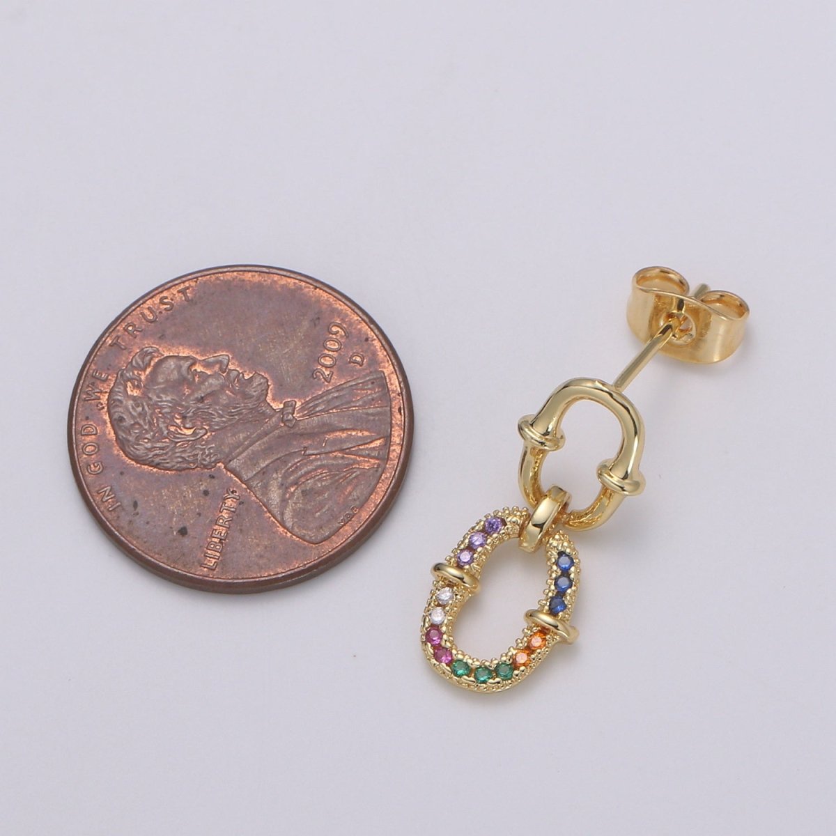 Double Eternity Design 24K Gold Multicolor Pave CZ Dangle Stud Earring, Simplicity Rolo Metro Design Earrings