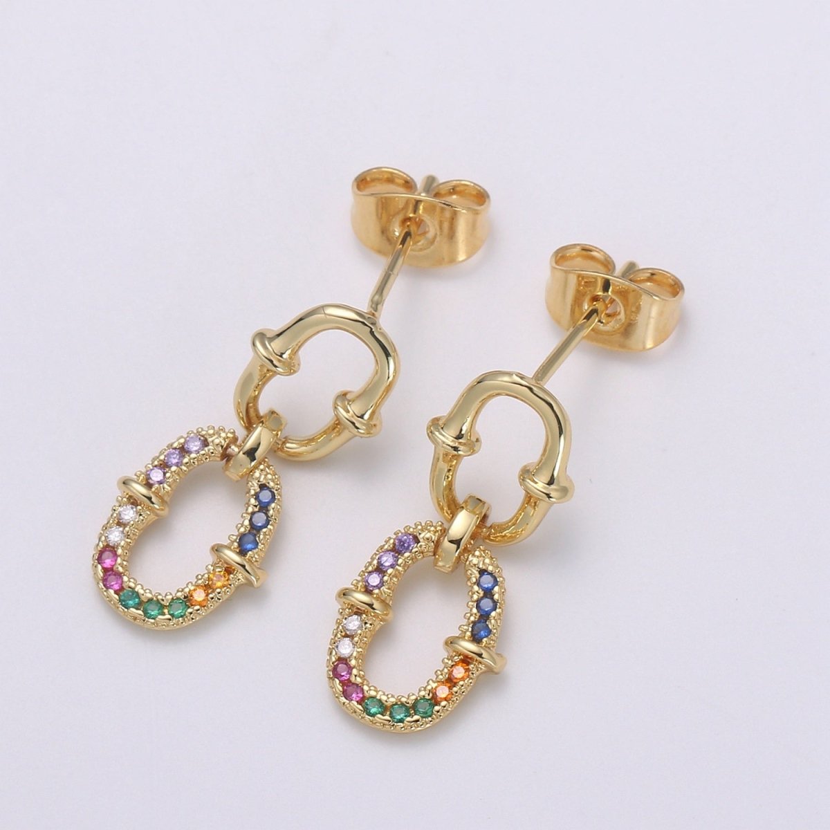 Double Eternity Design 24K Gold Multicolor Pave CZ Dangle Stud Earring, Simplicity Rolo Metro Design Earrings