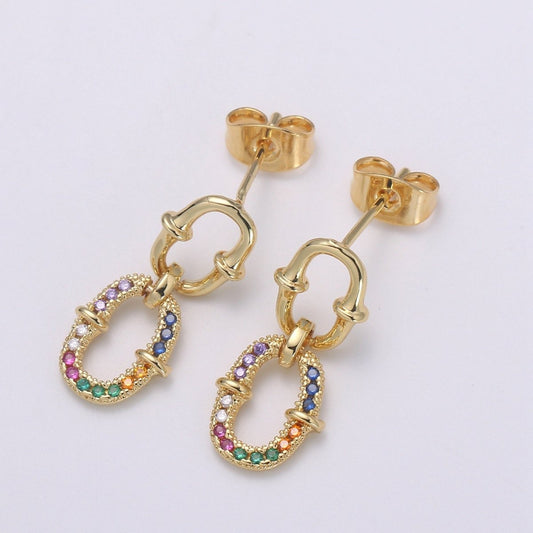 Double Eternity Design 24K Gold Multicolor Pave CZ Dangle Stud Earring, Simplicity Rolo Metro Design Earrings