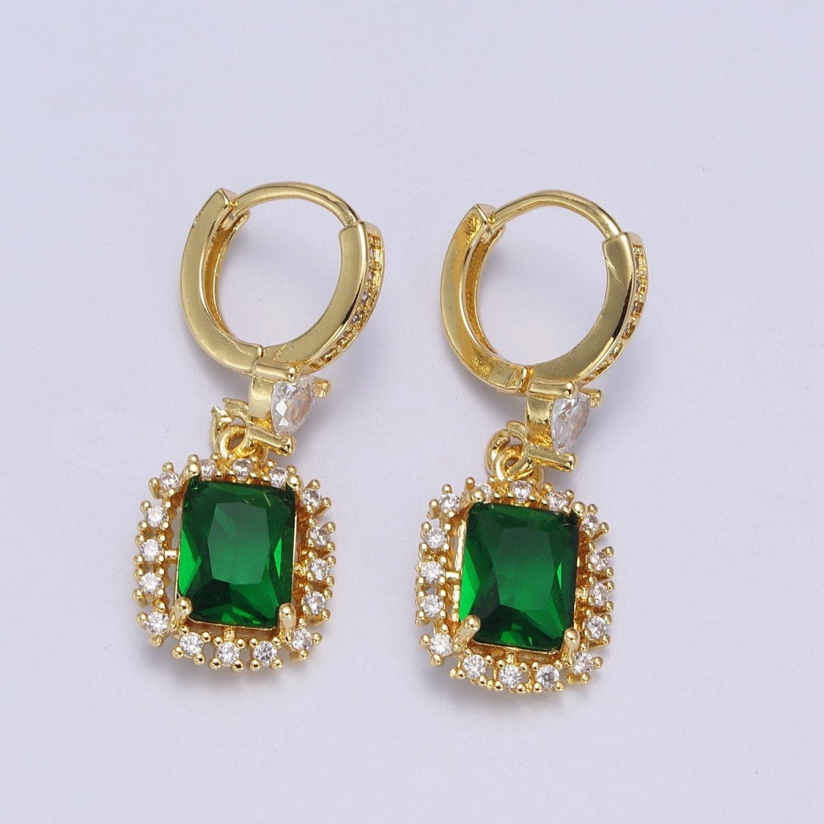 Emerald Green Baguette Dangle Drop Clear Heart Micro Pave CZ Gold Huggie Earrings