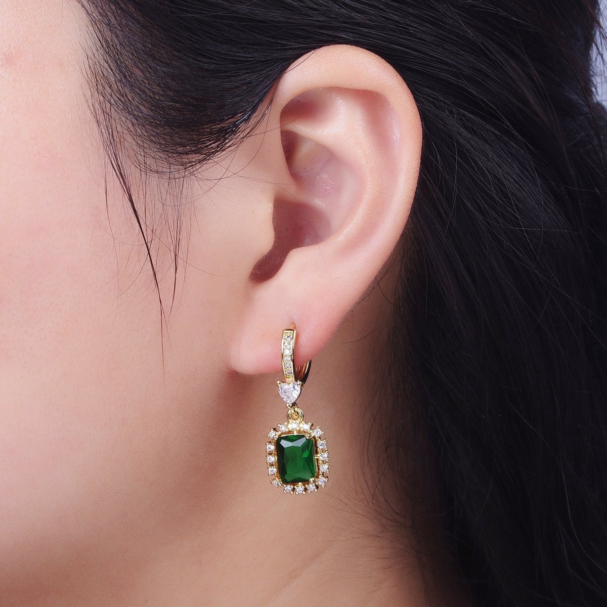 Emerald Green Baguette Dangle Drop Clear Heart Micro Pave CZ Gold Huggie Earrings