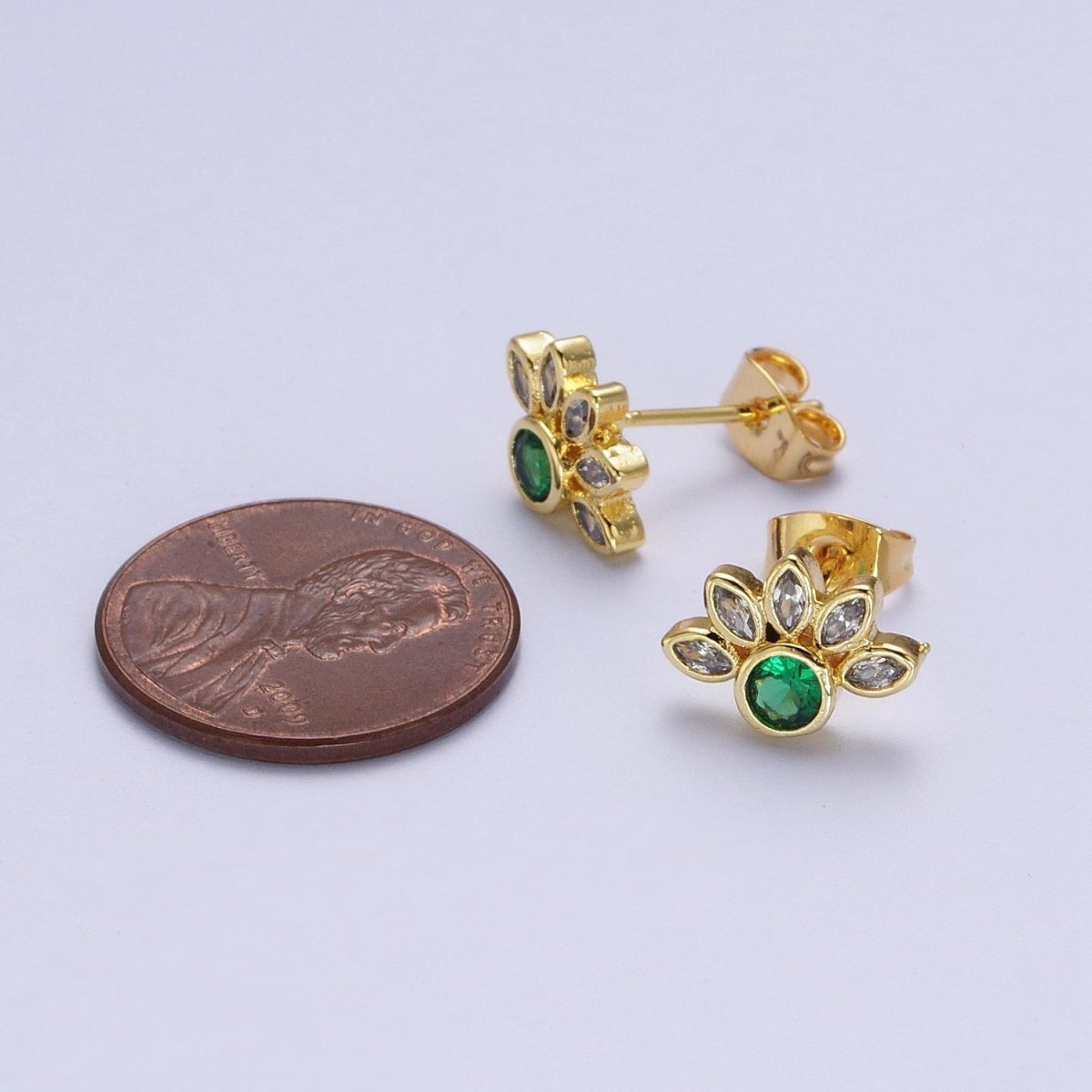 Emerald Green CZ Stud Earrings Gold Marquise Cluster Flower Studs