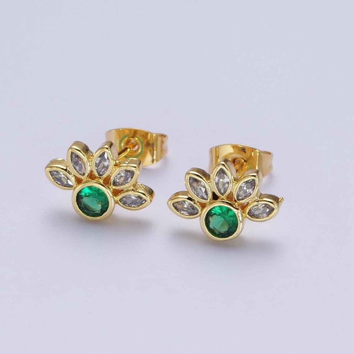 Emerald Green CZ Stud Earrings Gold Marquise Cluster Flower Studs