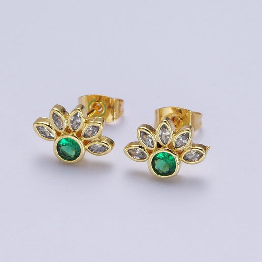 Emerald Green CZ Stud Earrings Gold Marquise Cluster Flower Studs