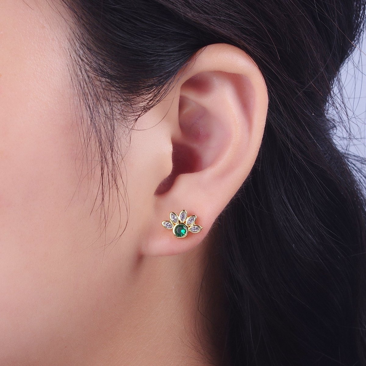 Emerald Green CZ Stud Earrings Gold Marquise Cluster Flower Studs