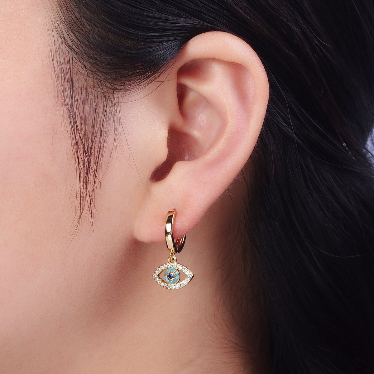 Evil Eye Charm Hoop Earrings Gold | Small Gold Hoops Huggie Earrings 16K Gold Filled