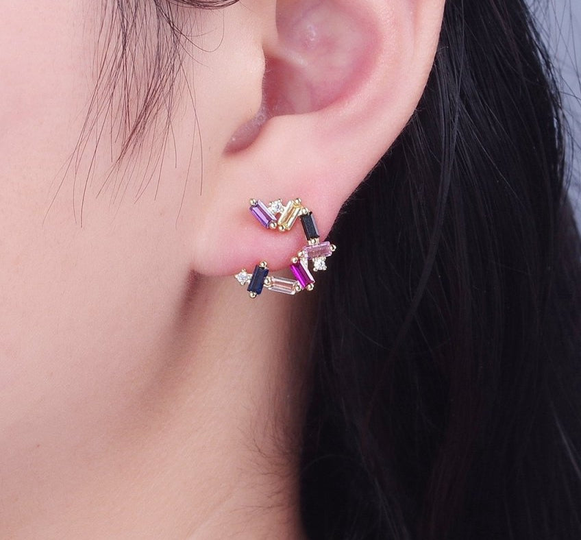 Gold Abstract Circular Zig Zag Multicolor Baguette Stud Earrings