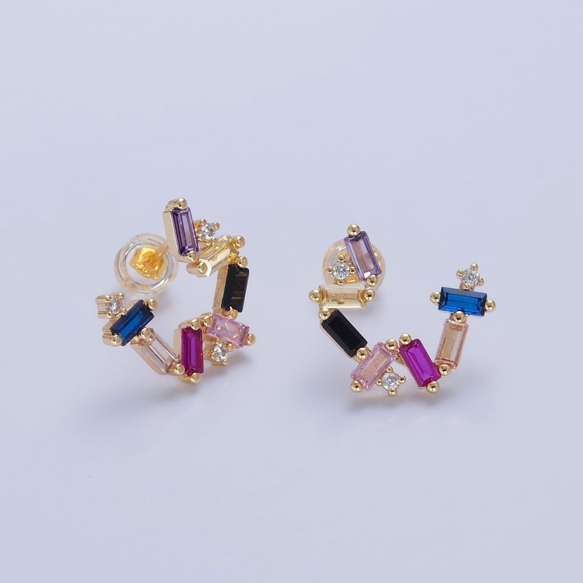 Gold Abstract Circular Zig Zag Multicolor Baguette Stud Earrings
