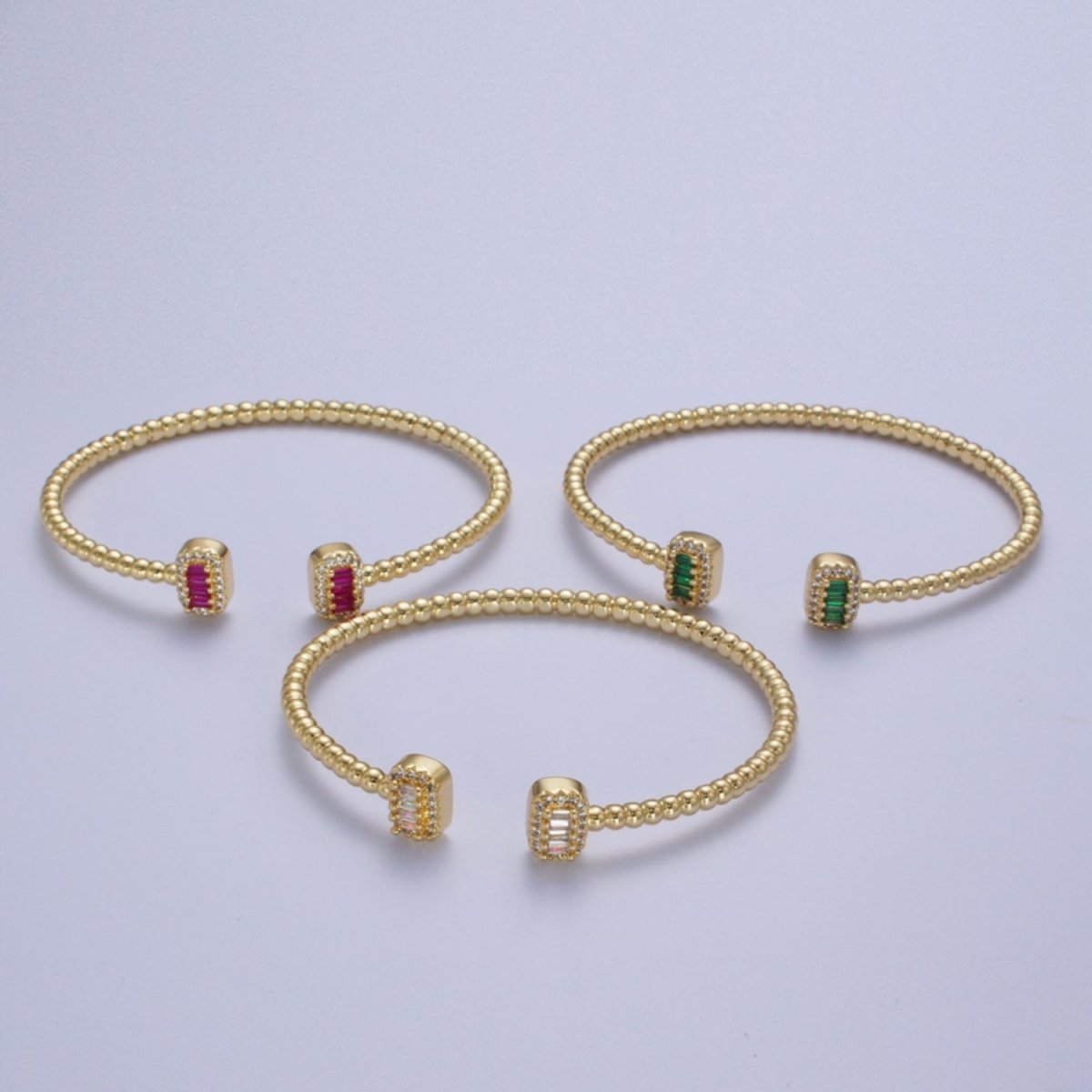 Gold Beaded Micro Paved Double Bar Clear Fuchsia Green Baguette Cubic Zirconia Cuff Bracelet