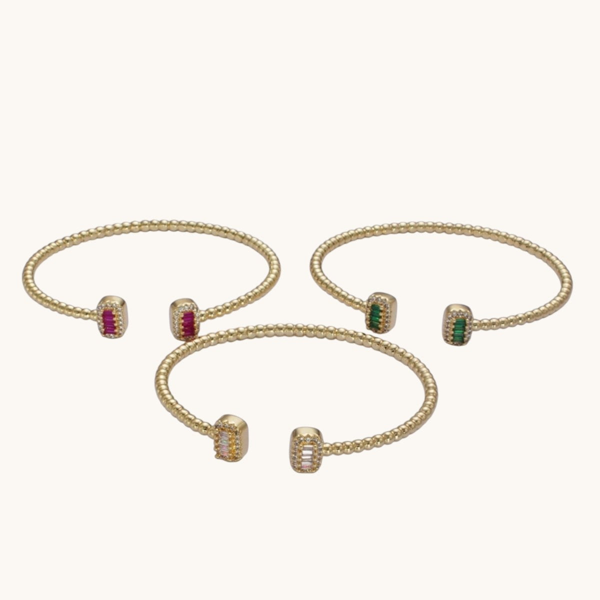 Gold Beaded Micro Paved Double Bar Clear Fuchsia Green Baguette Cubic Zirconia Cuff Bracelet