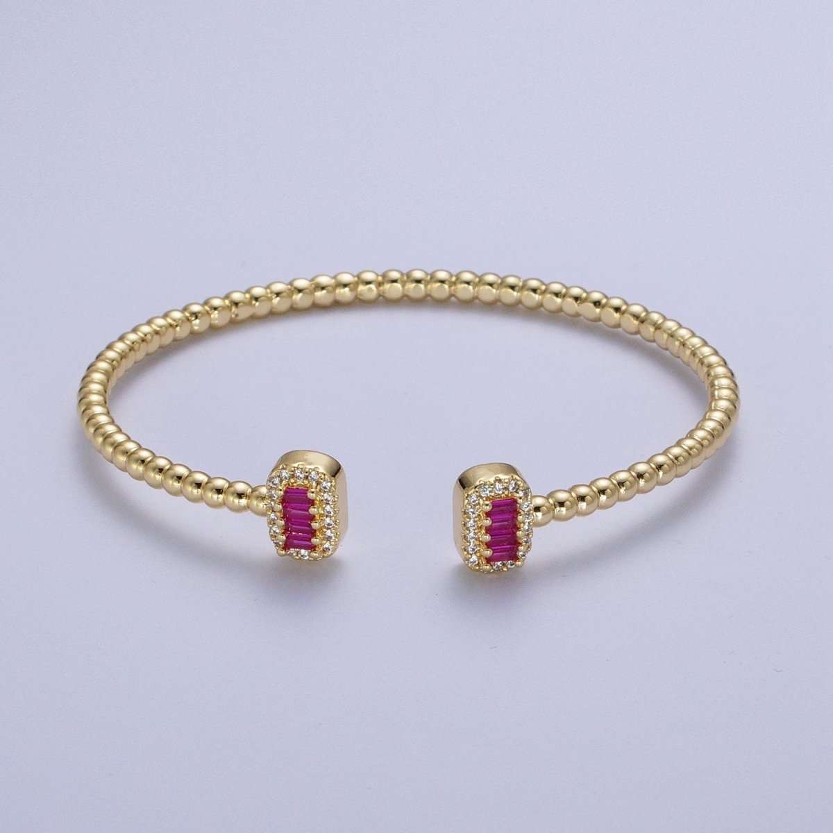 Gold Beaded Micro Paved Double Bar Clear Fuchsia Green Baguette Cubic Zirconia Cuff Bracelet