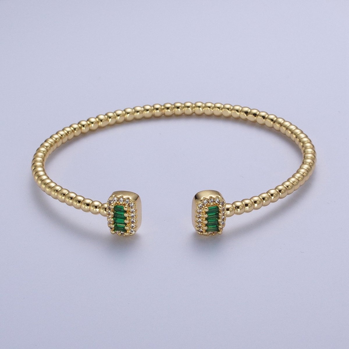 Gold Beaded Micro Paved Double Bar Clear Fuchsia Green Baguette Cubic Zirconia Cuff Bracelet