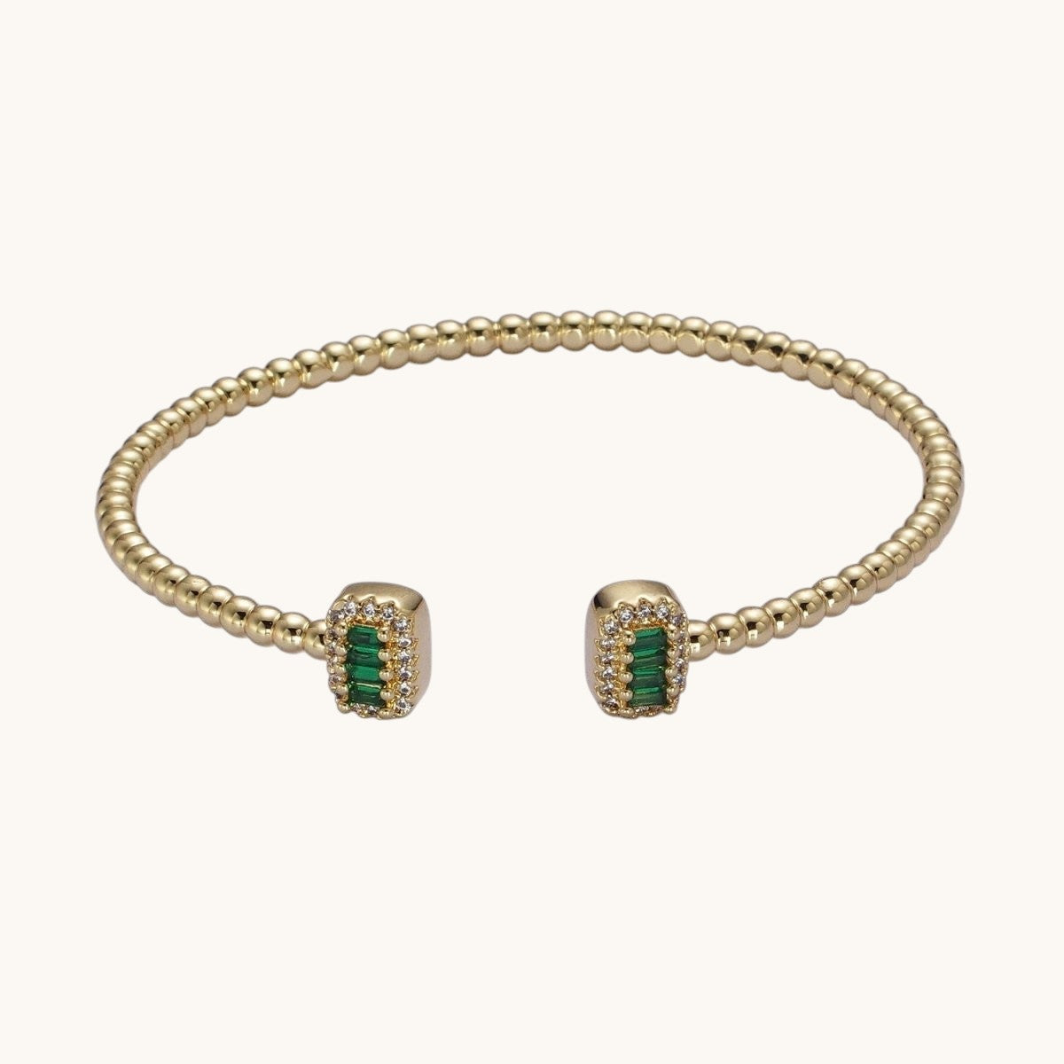 Gold Beaded Micro Paved Double Bar Clear Fuchsia Green Baguette Cubic Zirconia Cuff Bracelet