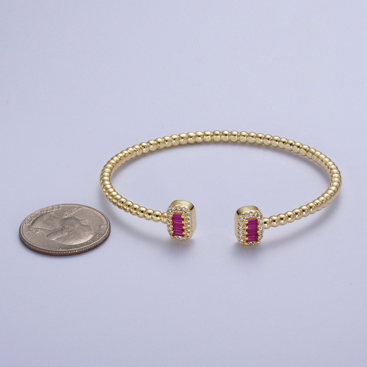 Gold Beaded Micro Paved Double Bar Clear Fuchsia Green Baguette Cubic Zirconia Cuff Bracelet