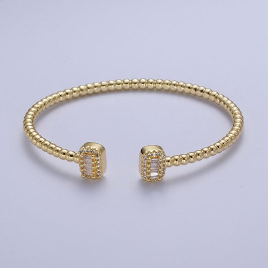 Gold Beaded Micro Paved Double Bar Clear Fuchsia Green Baguette Cubic Zirconia Cuff Bracelet