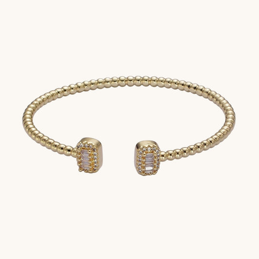 Gold Beaded Micro Paved Double Bar Clear Fuchsia Green Baguette Cubic Zirconia Cuff Bracelet