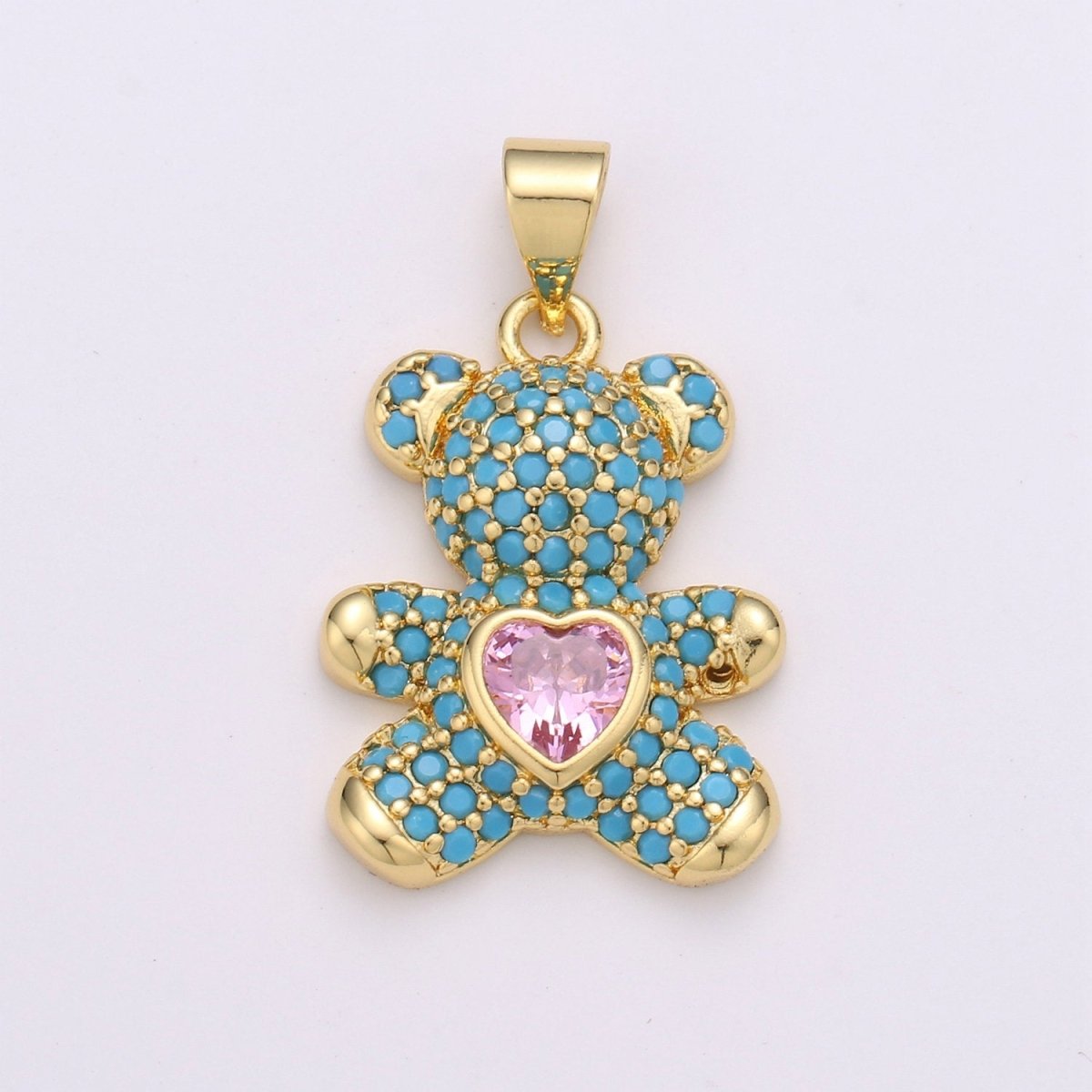 25mm Gold Bear Charm Teddy Bear Blue Micro Pave Pink Heart Charm Pendant