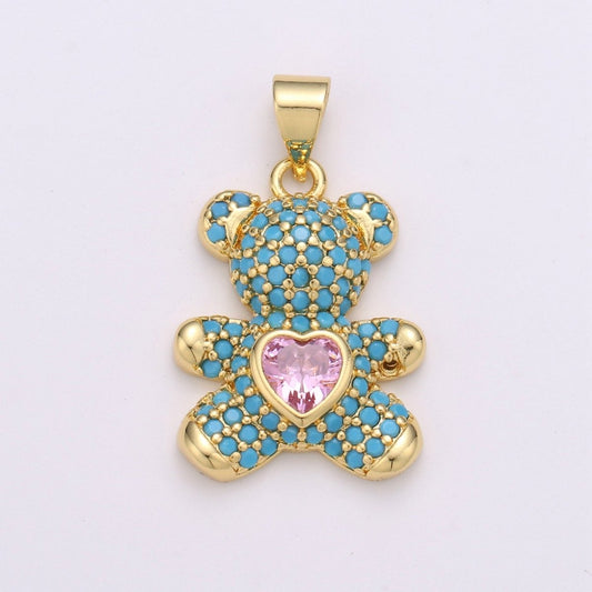 25mm Gold Bear Charm Teddy Bear Blue Micro Pave Pink Heart Charm Pendant