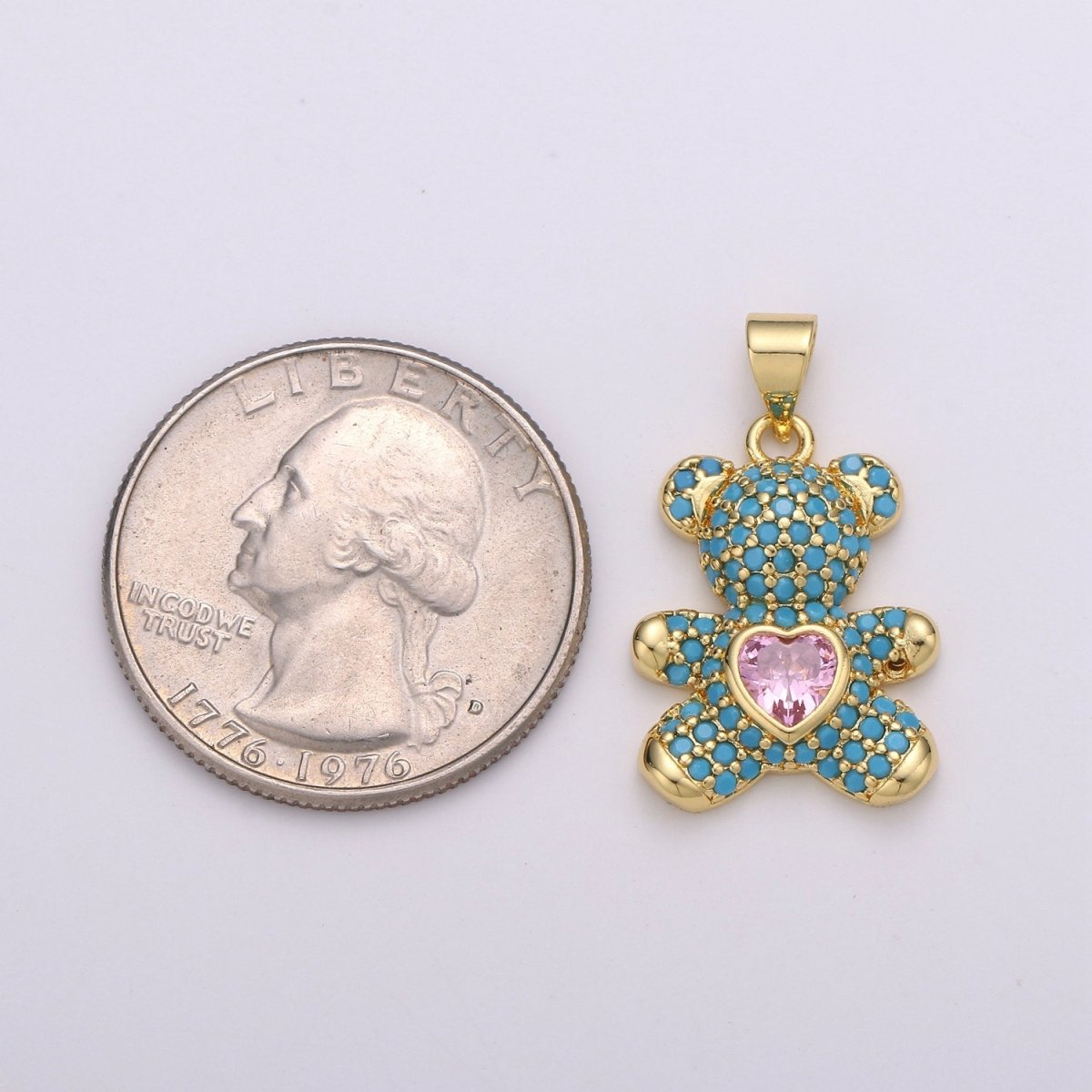 25mm Gold Bear Charm Teddy Bear Blue Micro Pave Pink Heart Charm Pendant