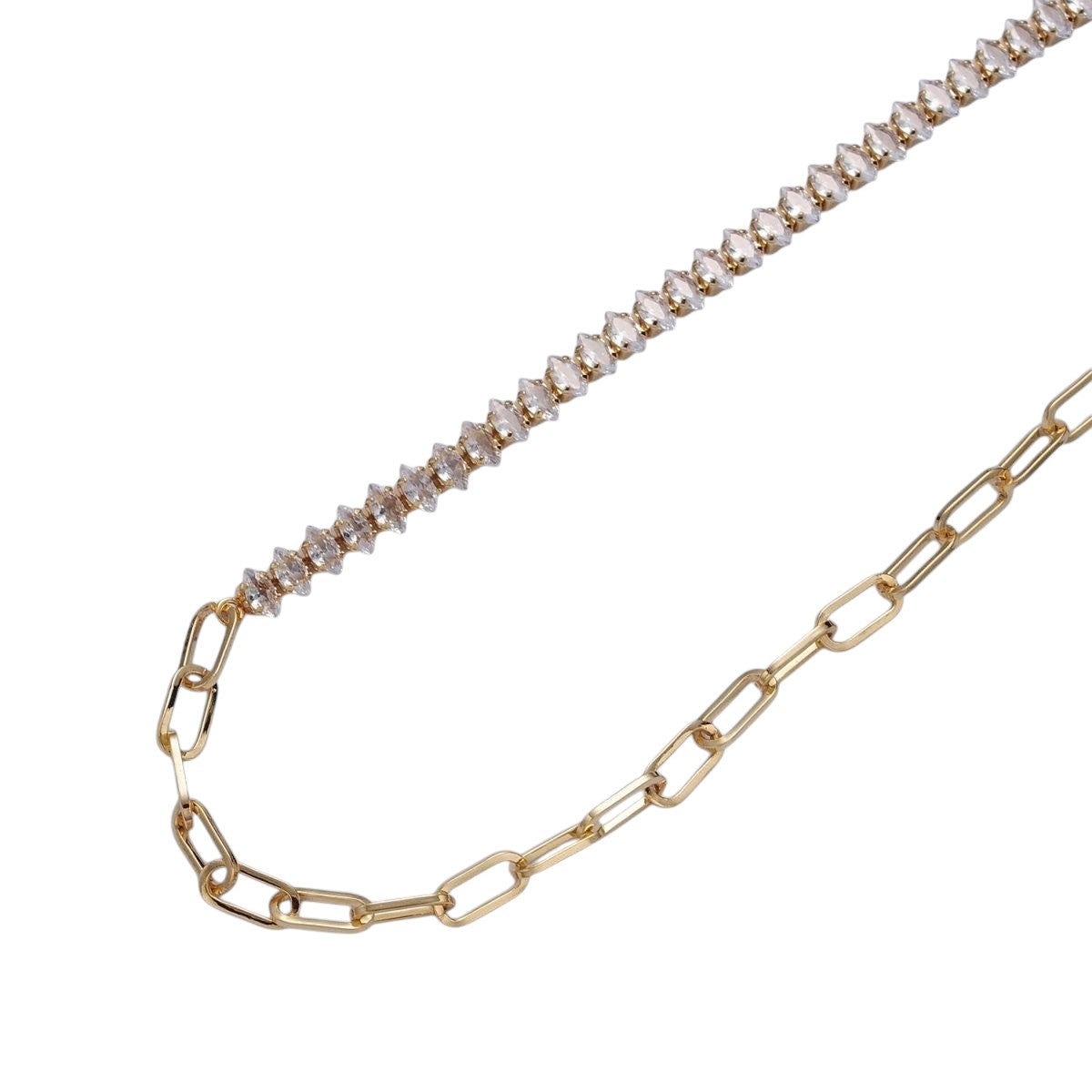 Unique Gold Filled 16 Inch Half Clear CZ Marquise Tennis Chain, Half Paperclip Chain Necklace in Silver
