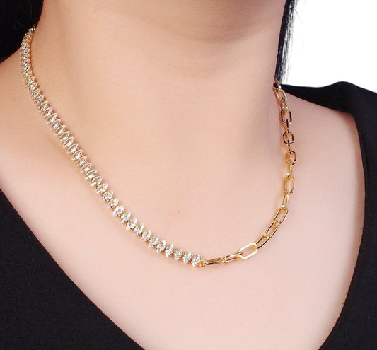 Unique Gold Filled 16 Inch Half Clear CZ Marquise Tennis Chain, Half Paperclip Chain Necklace in Silver