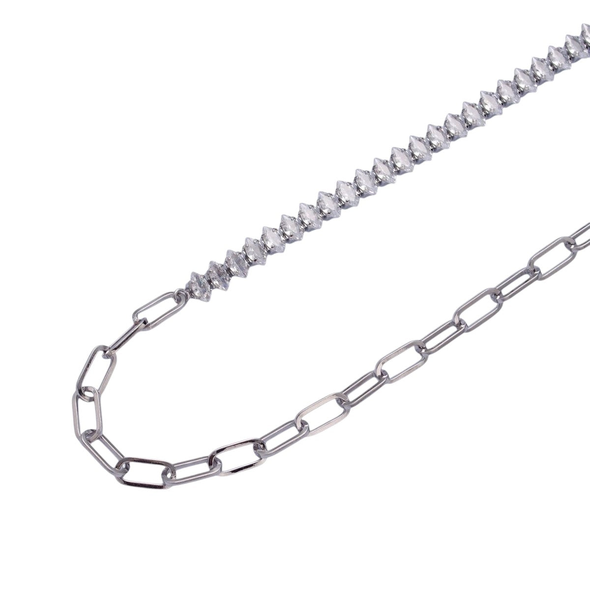 Unique Gold Filled 16 Inch Half Clear CZ Marquise Tennis Chain, Half Paperclip Chain Necklace in Silver