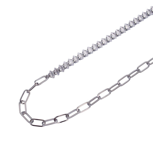 Unique Gold Filled 16 Inch Half Clear CZ Marquise Tennis Chain Half Paperclip Chain Necklace in Silver