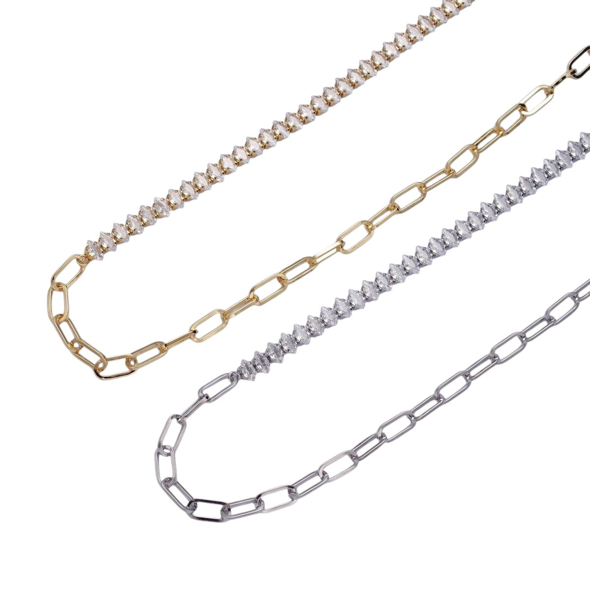 Unique Gold Filled 16 Inch Half Clear CZ Marquise Tennis Chain, Half Paperclip Chain Necklace in Silver