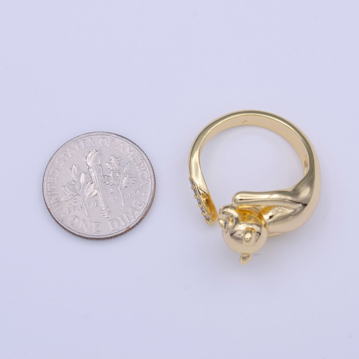 Gold Filled Dog Pug Chasing Tail Micro Pave CZ Adjustable Ring